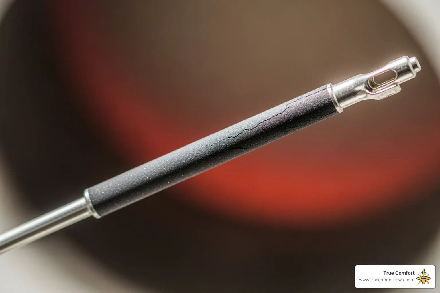 A close-up image of a furnace flame sensor, showing its rod-like structure - furnace blowing cold air