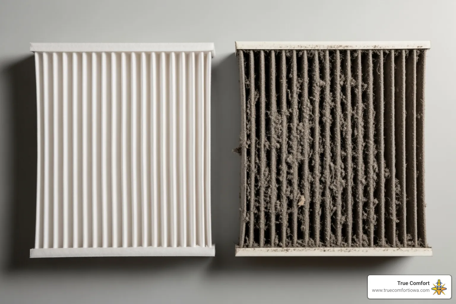 A side-by-side comparison of a clean furnace filter and a heavily soiled, dirty furnace filter - furnace blowing cold air