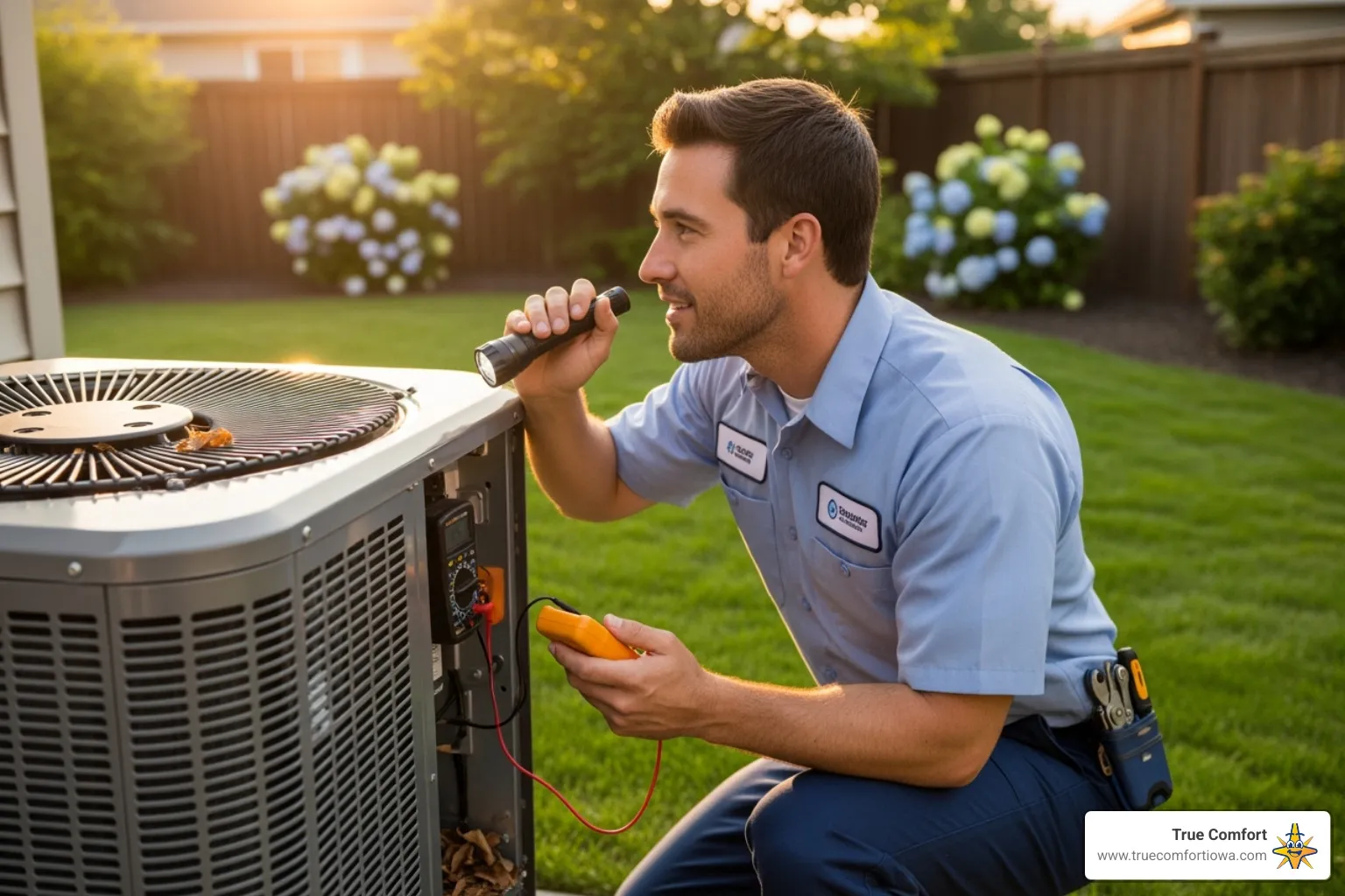 Friendly technician inspecting outdoor AC unit - AC repair Clive IA