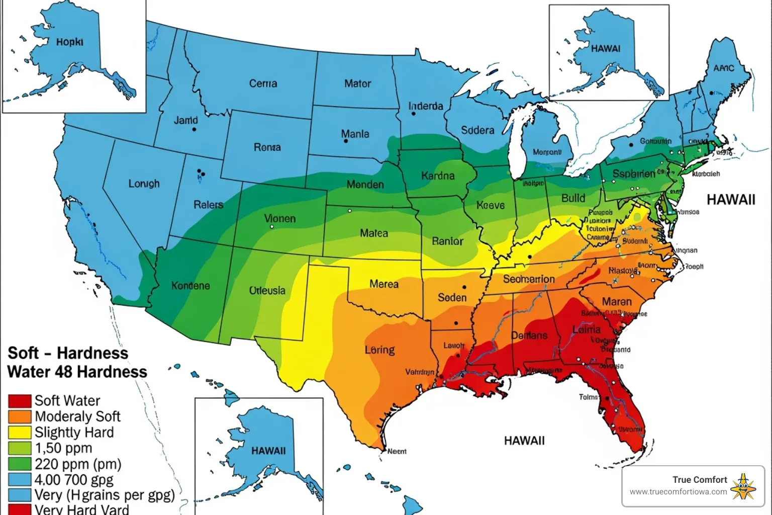 map showing hard water areas in the United States - water heater flush service