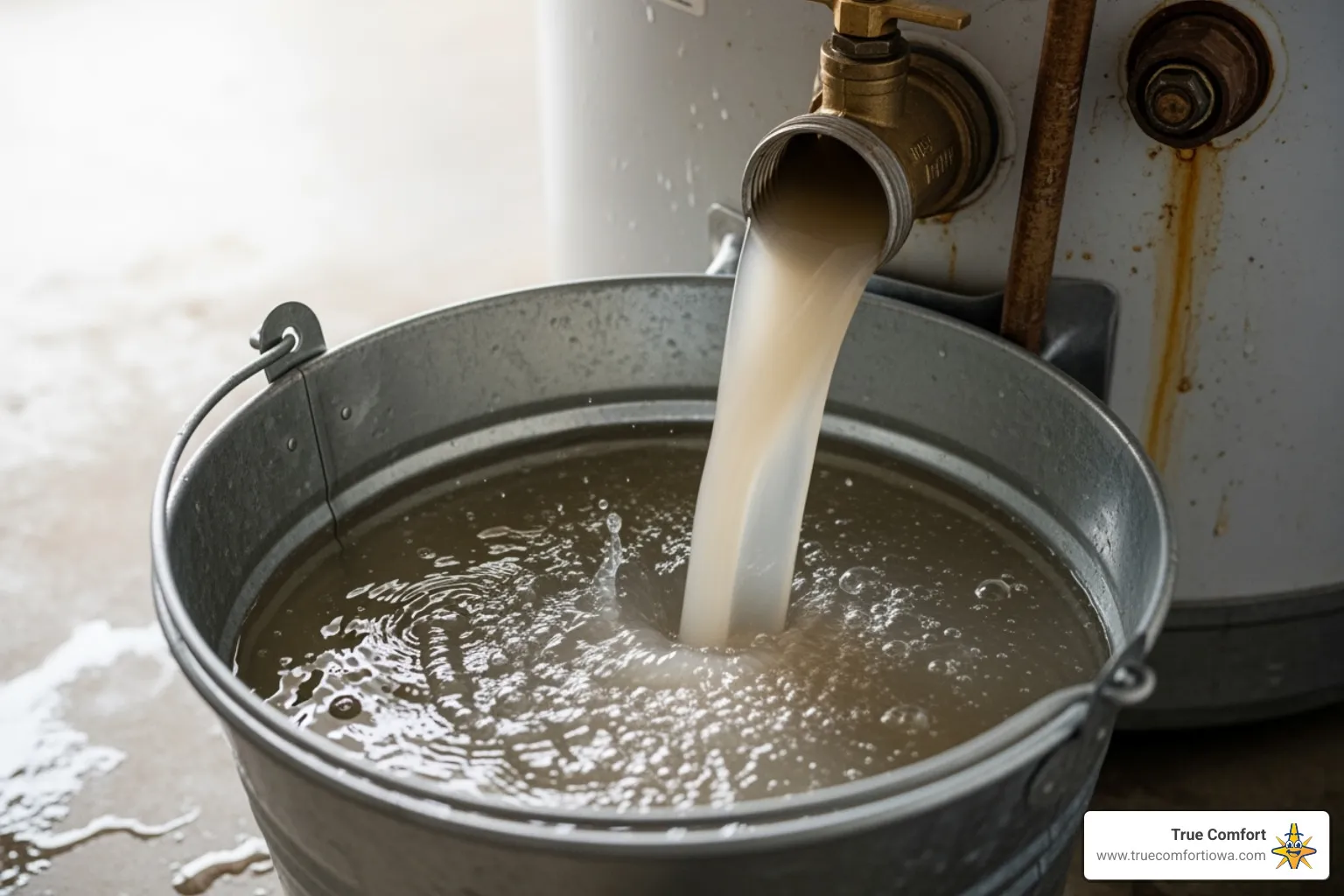 cloudy, sediment-filled water being drained from a water heater into a bucket - water heater flush service
