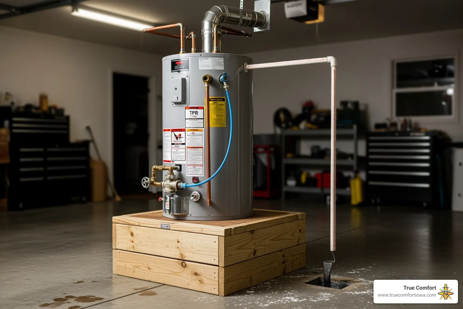 Water heater in a garage lifted on a platform - Water heater code compliance