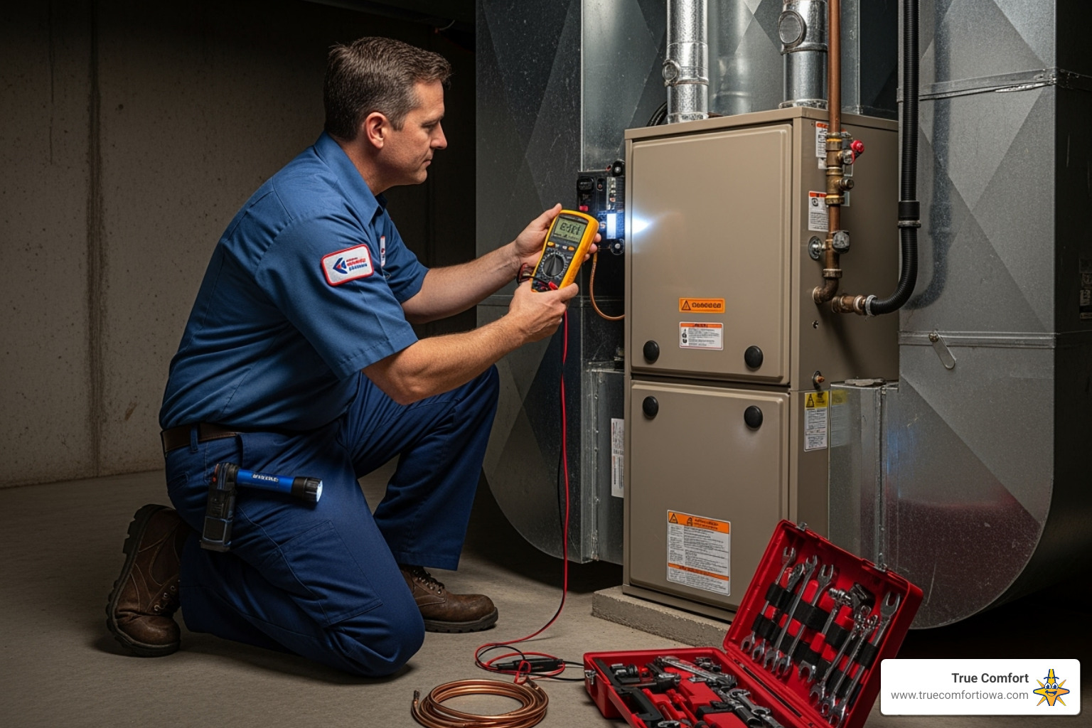 of a technician inspecting an indoor furnace unit - HVAC system tune-up