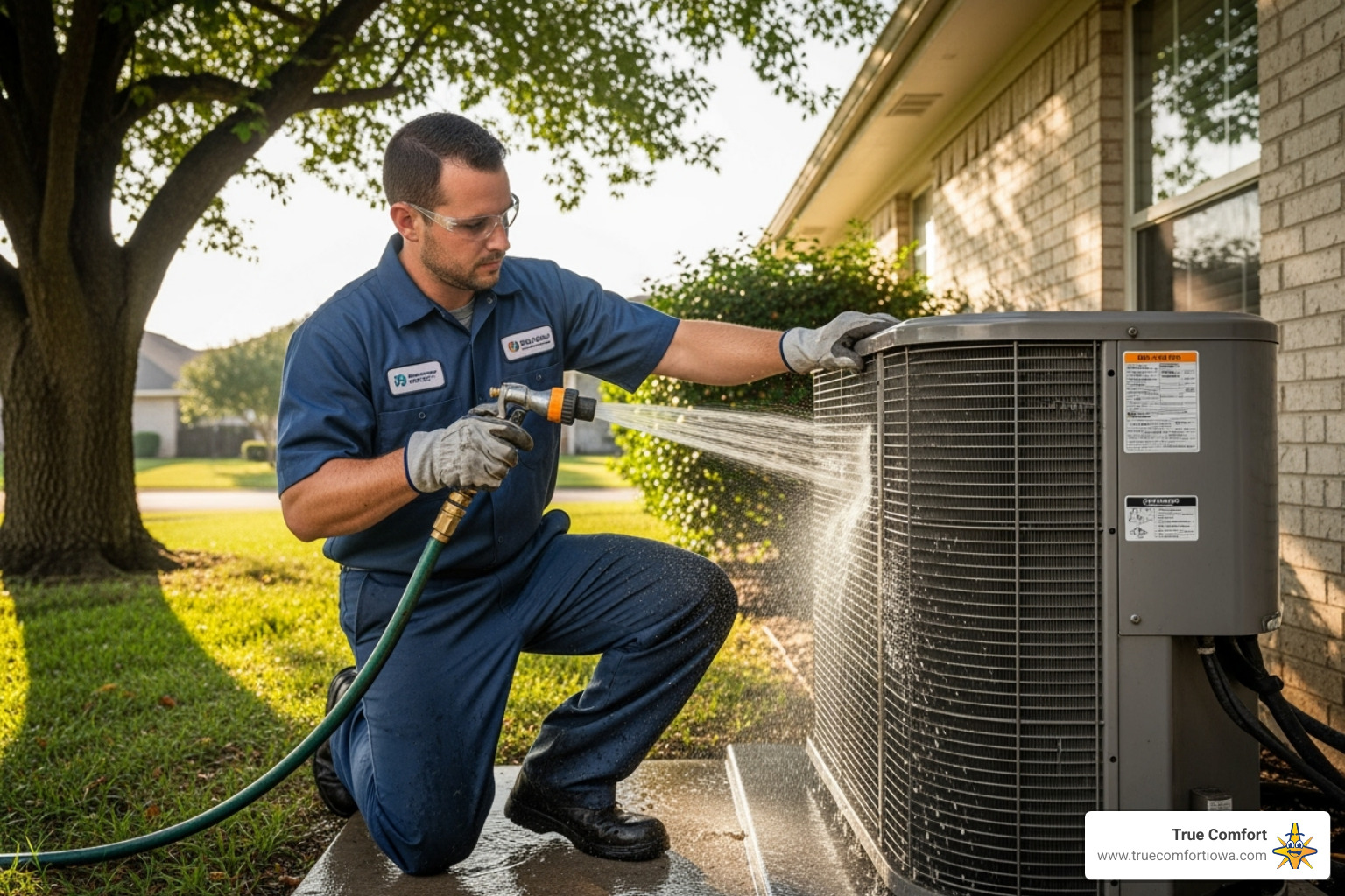 of a technician cleaning an outdoor condenser coil - HVAC system tune-up