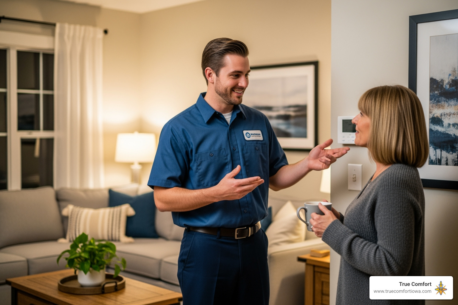 Friendly technician speaking with homeowner - best heating company in ankeny, ia