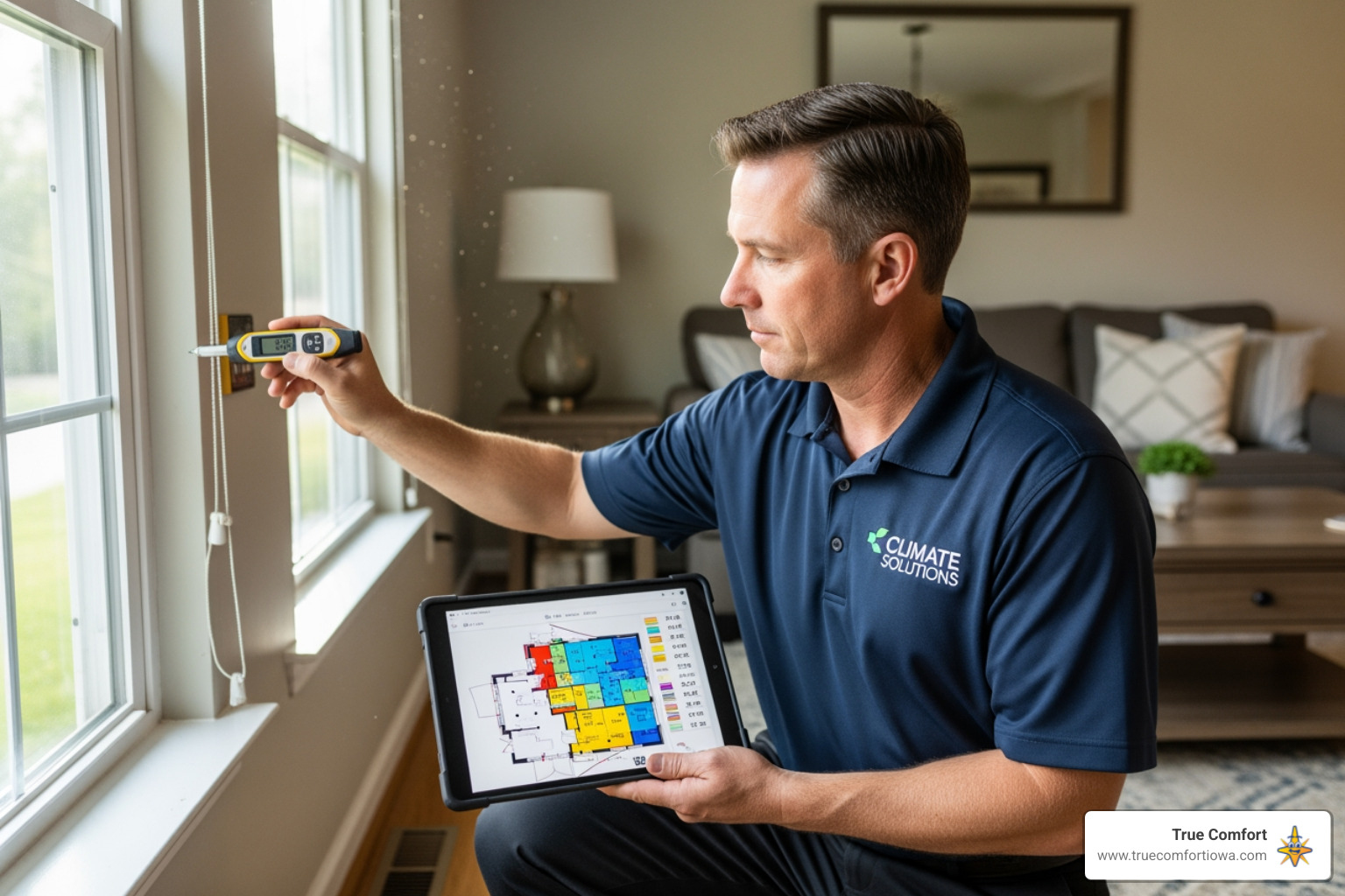 Technician performing a detailed home assessment and load calculation for a new heat pump system - heat pump installation in ankeny, ia