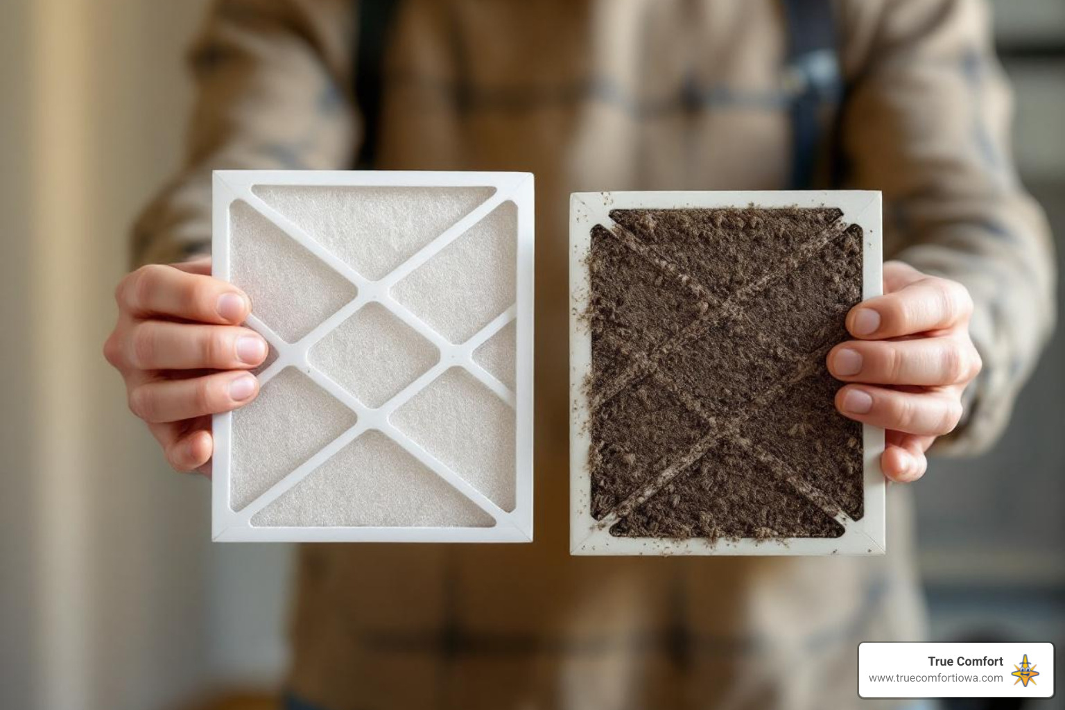 homeowner holding a clean furnace filter next to a dirty one - emergency furnace repair in west des moines, ia
