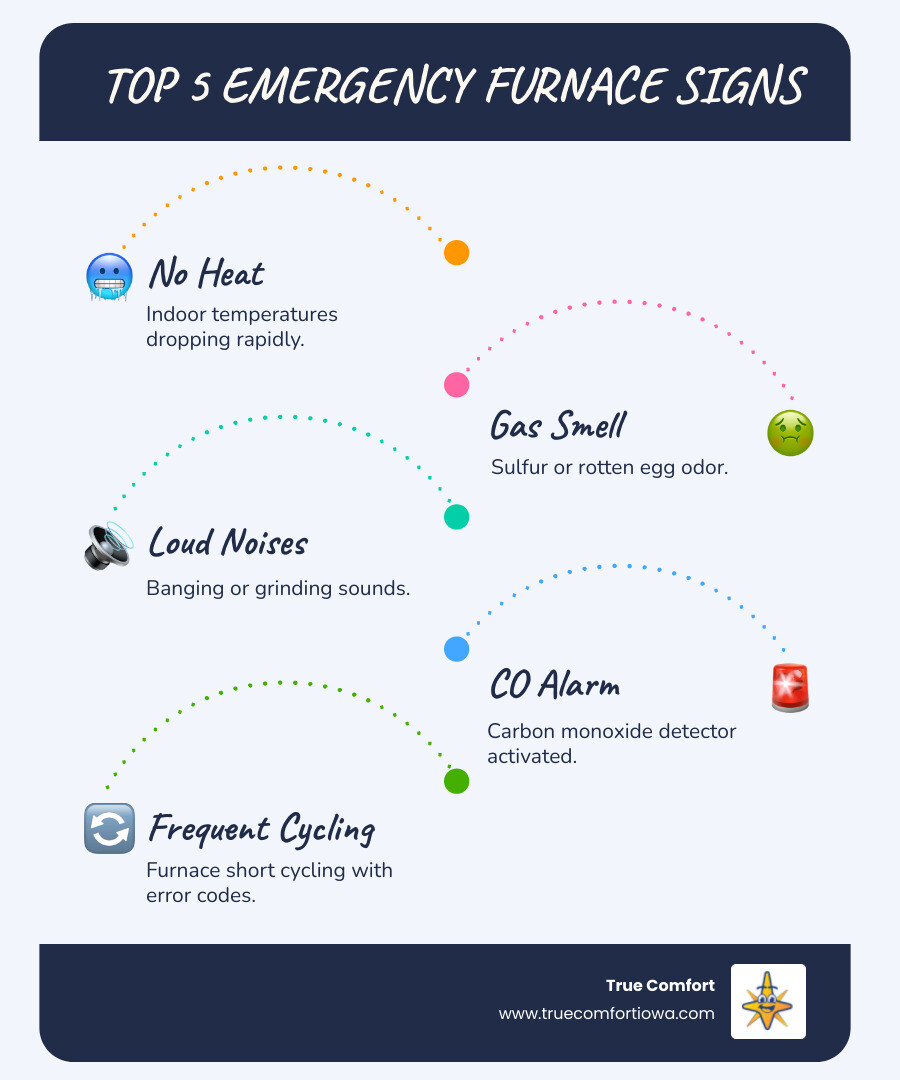 Infographic showing the top 5 signs you need emergency furnace repair: no heat with dropping indoor temperatures, sulfur or rotten egg gas smell, loud mechanical banging or grinding noises, carbon monoxide detector alarm activation, and furnace short cycling with error codes on thermostat - emergency furnace repair in west des moines, ia infographic infographic-line-5-steps-blues-accent_colors