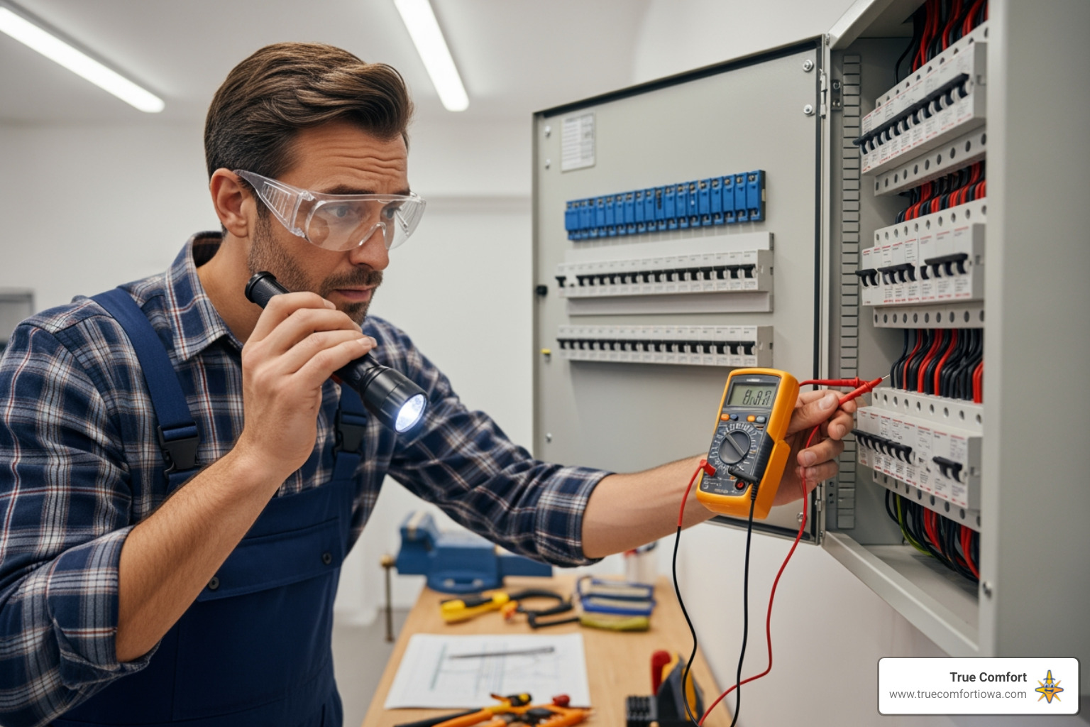 homeowner safely checking a circuit breaker panel - emergency furnace repair in west des moines, ia