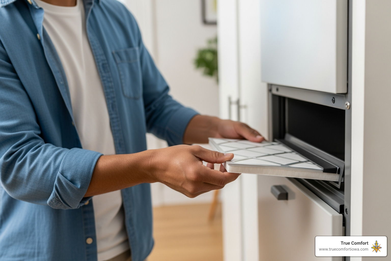 a homeowner easily sliding a new, clean filter into a furnace - affordable hvac repair in bondurant, ia