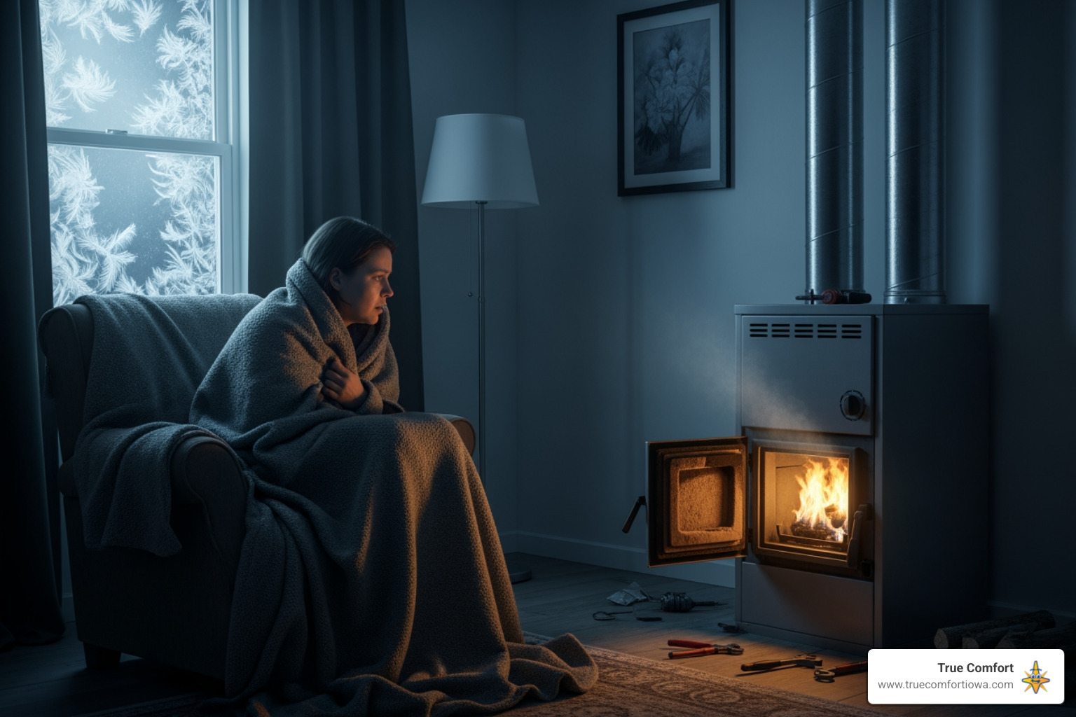 Infographic showing warning signs that require emergency furnace replacement: complete heating failure, age over 15 years, cracked heat exchanger with CO risk, frequent costly repairs, gas leaks or burning smells, and frozen pipe danger in Iowa winters - emergency furnace installation in mitchellville, ia