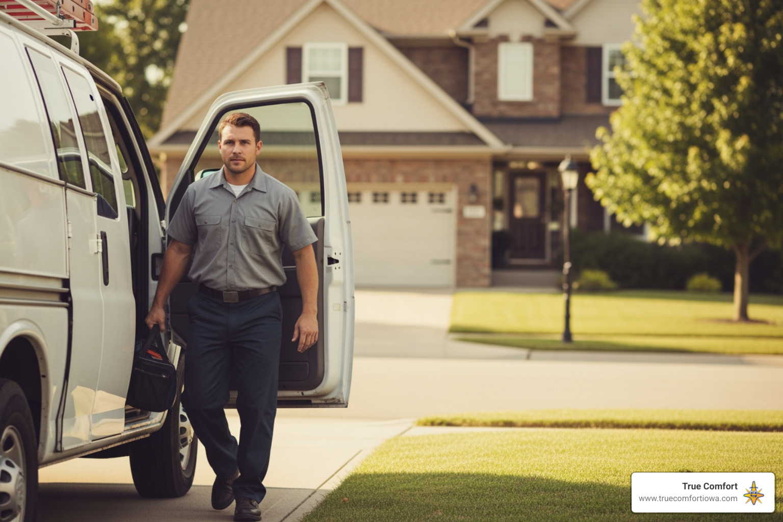 A professional technician arriving at a home in a service van, ready to help with emergency furnace replacement - emergency furnace replacement in des moines, ia A professional technician arriving at a home in a service van, ready to help with emergency furnace replacement - emergency furnace replacement in des moines, ia