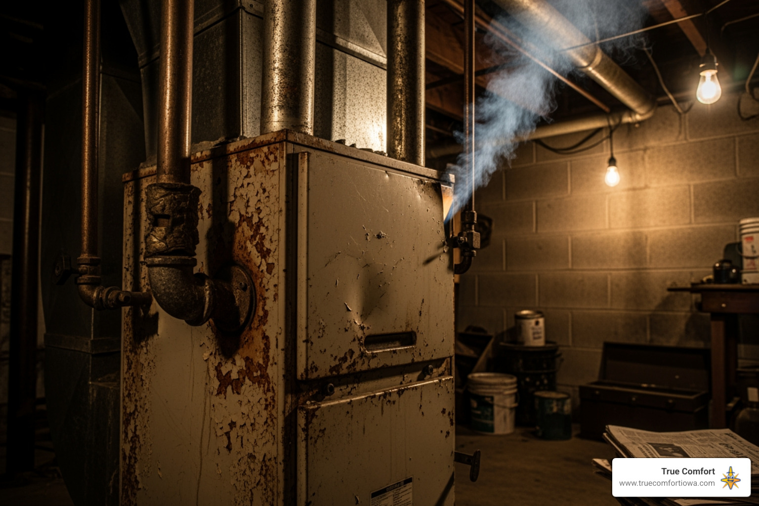 Infographic showing the top 5 critical signs of furnace failure requiring emergency replacement: 1) Complete loss of heat with temperatures dropping rapidly, 2) Carbon monoxide detector alarm sounding, 3) Strong smell of gas or burning, 4) Furnace age over 15-20 years with major component failure, 5) Loud banging grinding or screeching noises with smoke or flames - emergency furnace replacement in des moines, ia Infographic showing the top 5 critical signs of furnace failure requiring emergency replacement: 1) Complete loss of heat with temperatures dropping rapidly, 2) Carbon monoxide detector alarm sounding, 3) Strong smell of gas or burning, 4) Furnace age over 15-20 years with major component failure, 5) Loud banging grinding or screeching noises with smoke or flames - emergency furnace replacement in des moines, ia