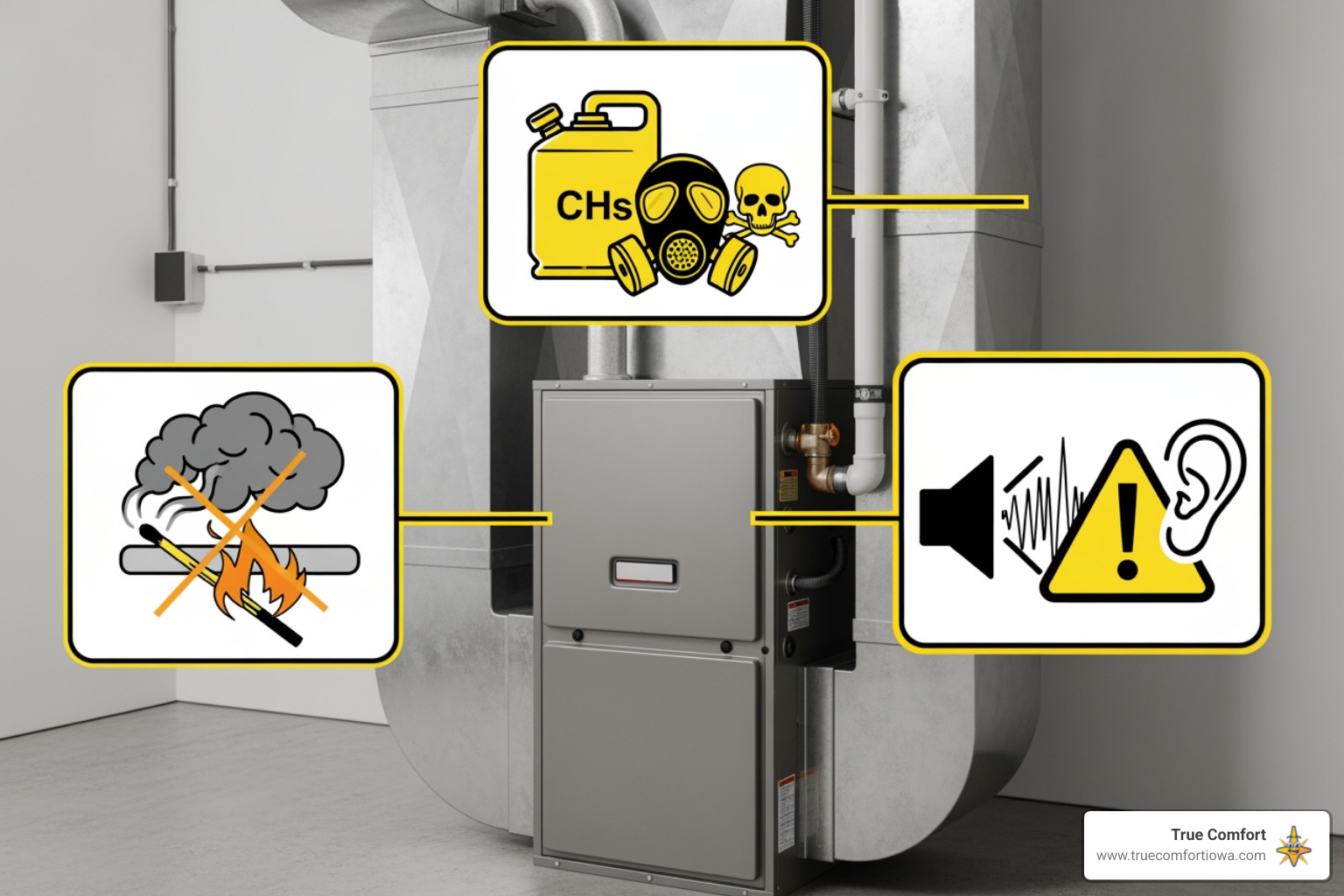 A furnace with warning icons for strange noises and smells, depicting smoke, gas, and loud sounds - emergency furnace replacement in des moines, ia A furnace with warning icons for strange noises and smells, depicting smoke, gas, and loud sounds - emergency furnace replacement in des moines, ia