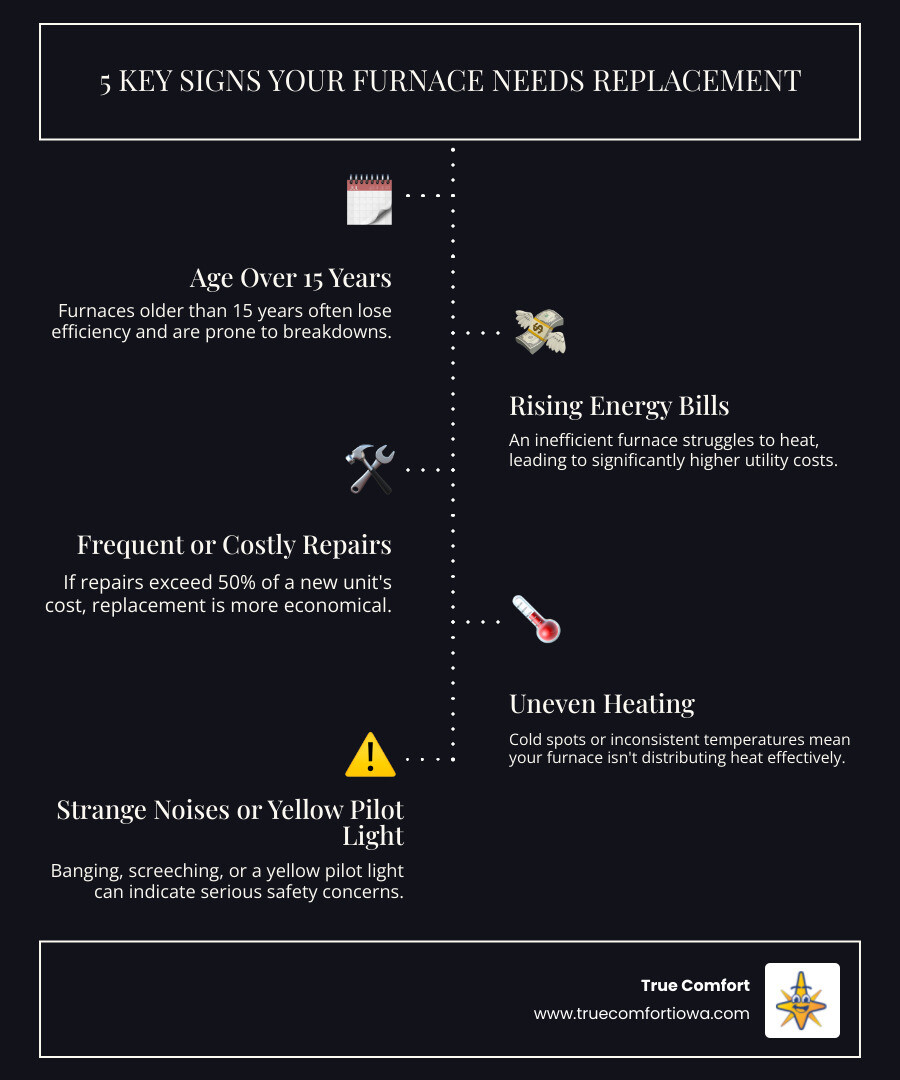 Infographic showing 5 key signs your furnace needs replacement: age over 15 years, rising energy bills, frequent repairs costing more than 50% of replacement value, uneven heating throughout rooms, and strange noises or yellow pilot light indicating safety concerns - furnace installation in altoona, ia infographic infographic-line-5-steps-dark Infographic showing 5 key signs your furnace needs replacement: age over 15 years, rising energy bills, frequent repairs costing more than 50% of replacement value, uneven heating throughout rooms, and strange noises or yellow pilot light indicating safety concerns - furnace installation in altoona, ia infographic infographic-line-5-steps-dark