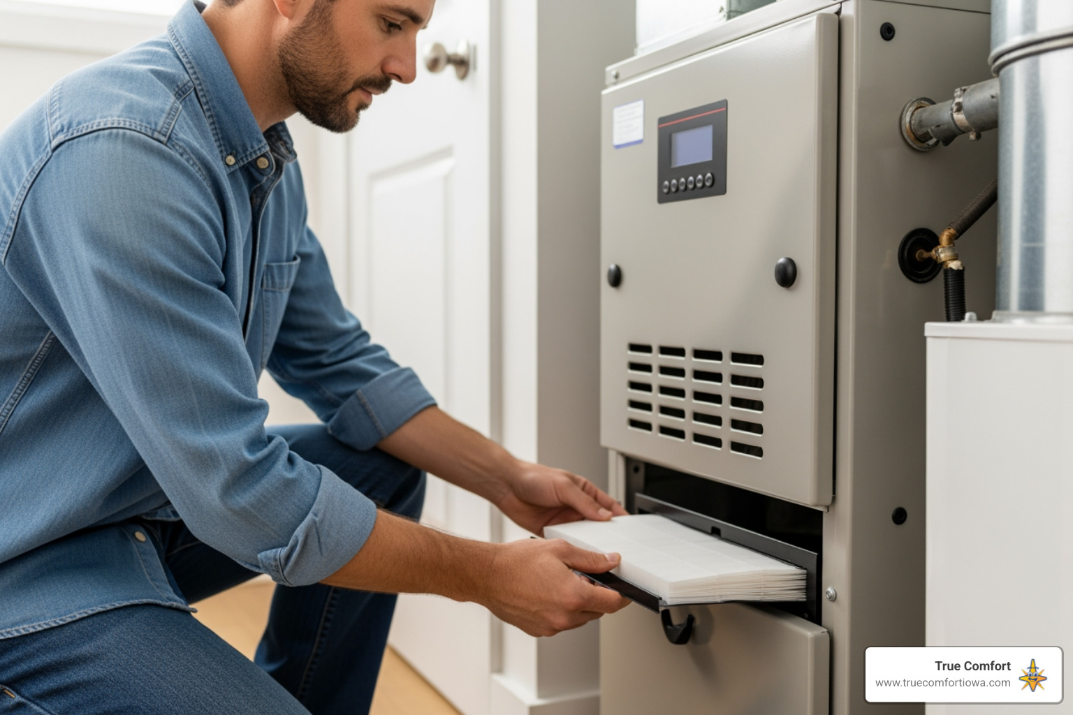 of a homeowner changing a furnace air filter - emergency furnace installation in ankeny, ia of a homeowner changing a furnace air filter - emergency furnace installation in ankeny, ia