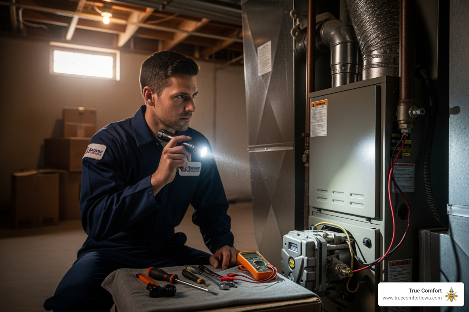 of a professional technician assessing a furnace in a basement - emergency furnace installation in ankeny, ia of a professional technician assessing a furnace in a basement - emergency furnace installation in ankeny, ia