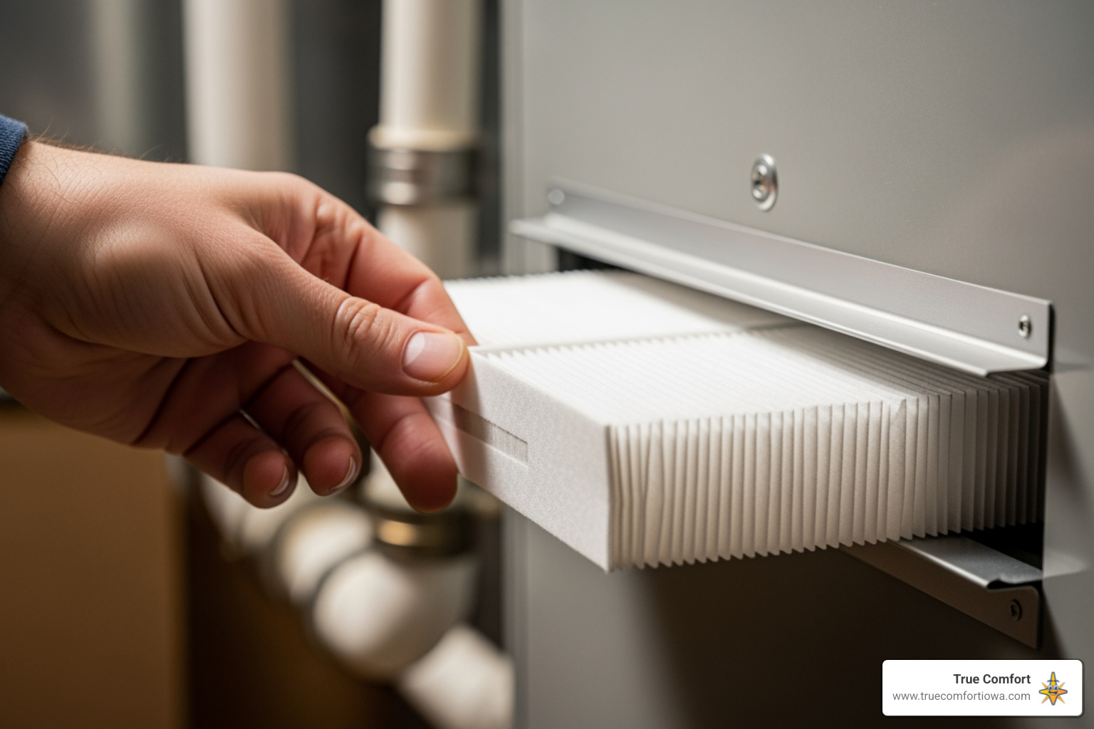 A close-up shot of a homeowner's hand easily sliding a clean, pleated air filter into a furnace slot, highlighting the simplicity of routine maintenance. - furnace installation in ames, ia A close-up shot of a homeowner's hand easily sliding a clean, pleated air filter into a furnace slot, highlighting the simplicity of routine maintenance. - furnace installation in ames, ia