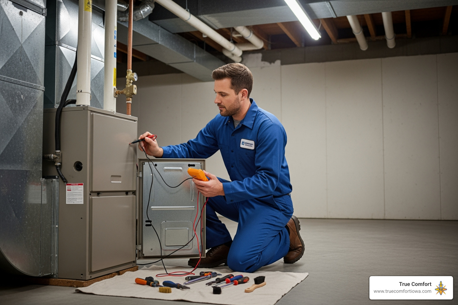 technician performing a clean maintenance check on a furnace - best hvac company in altoona, ia