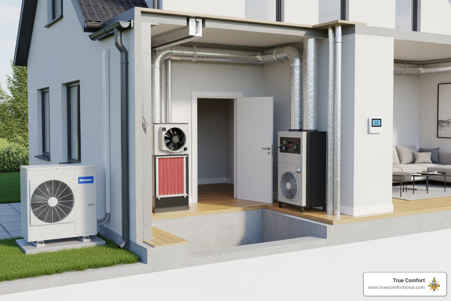 3D cutaway of a modern home's HVAC system with heat pump and thermostat
