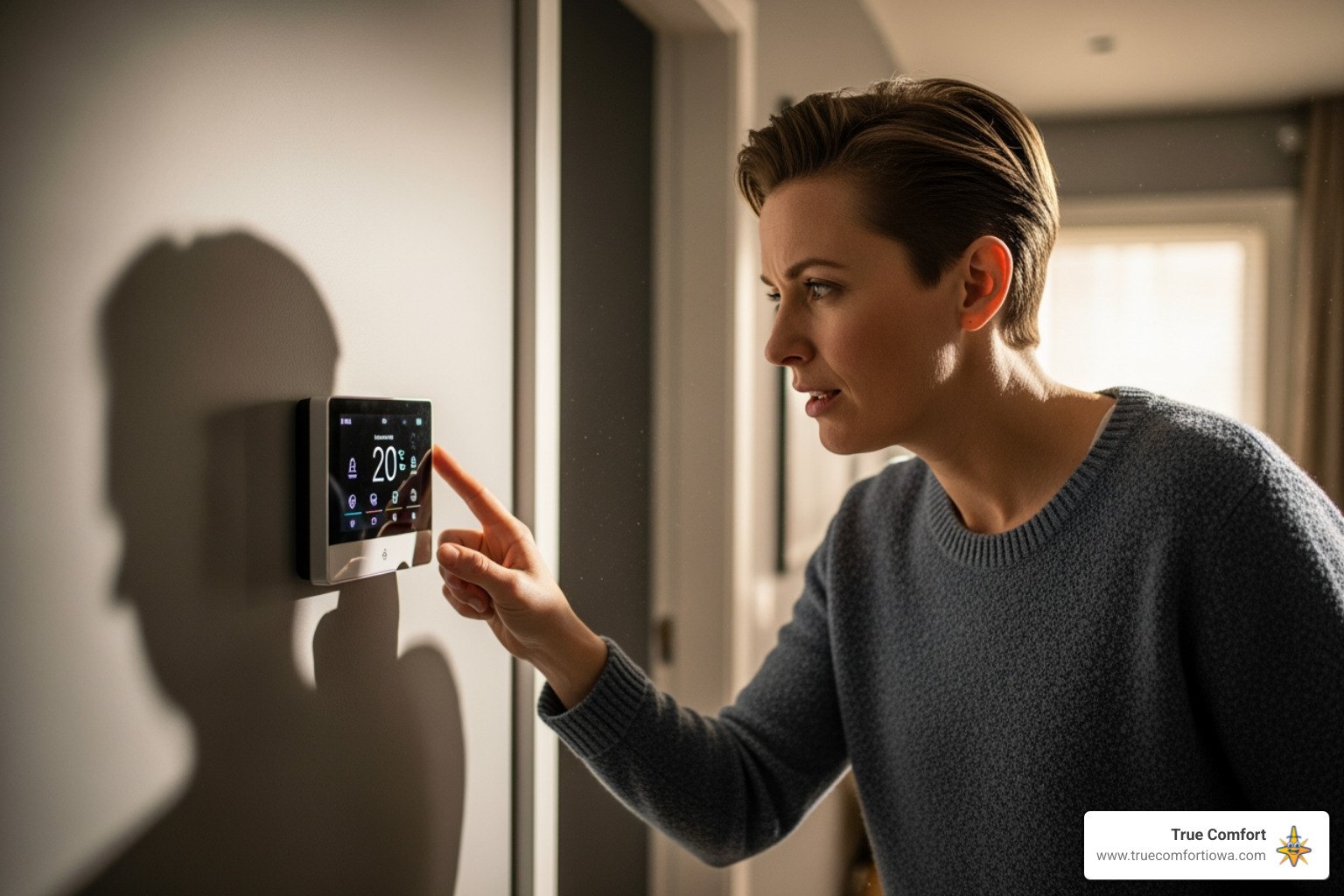homeowner looking quizzically at a thermostat - best hvac company in altoona, ia