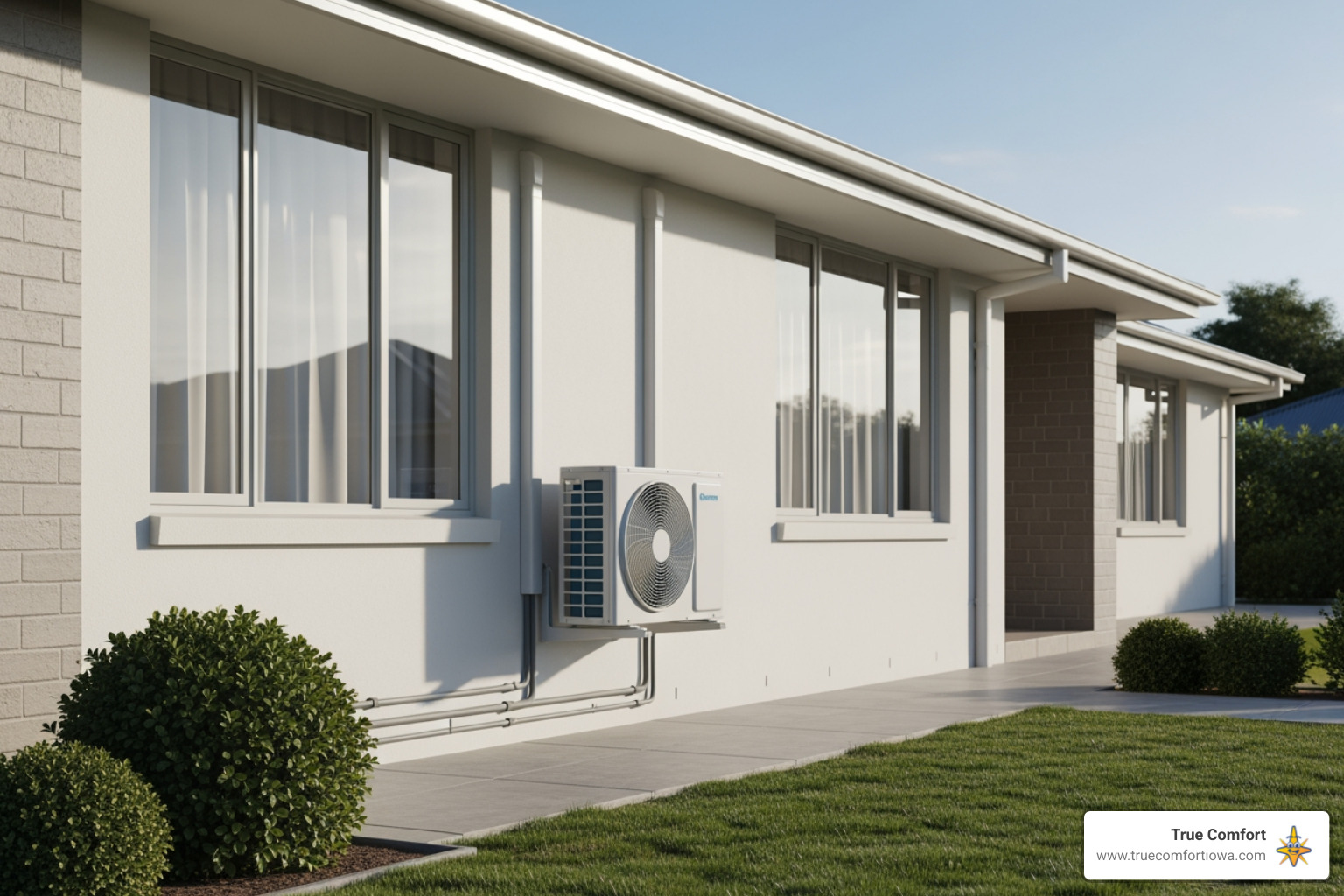 clean, modern air conditioner unit installed on the side of a house - best hvac company in altoona, ia