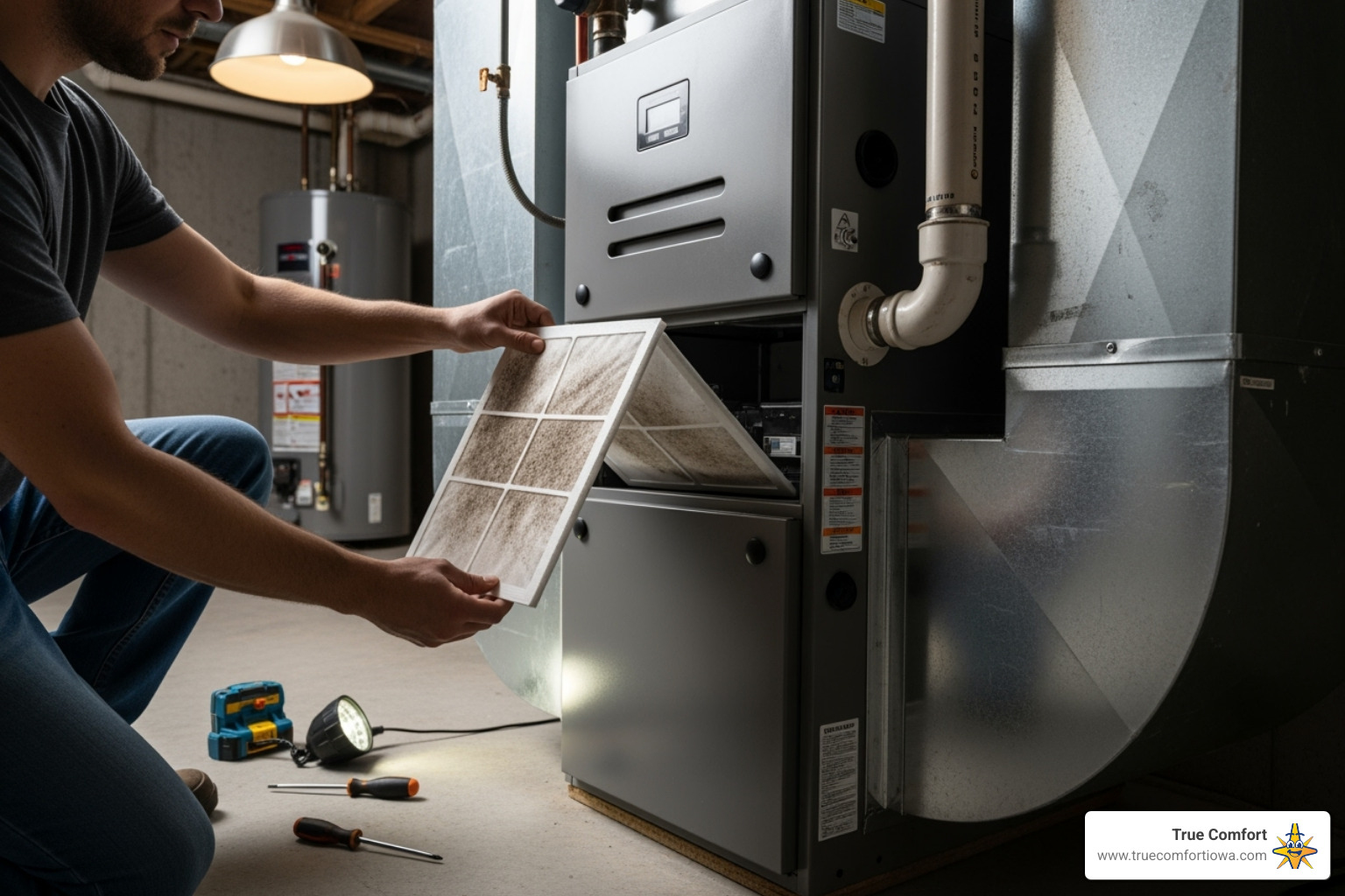 of a homeowner changing an air filter - HVAC system tune-up