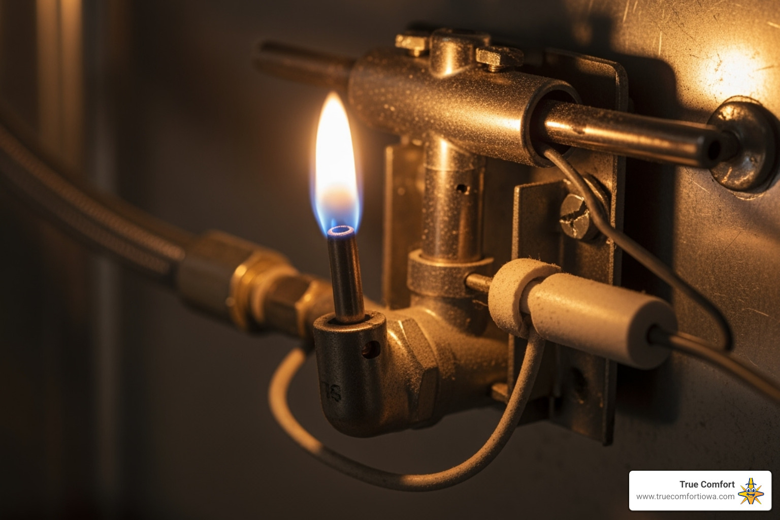 A close-up view of a furnace pilot light assembly with a small flame - furnace blowing cold air