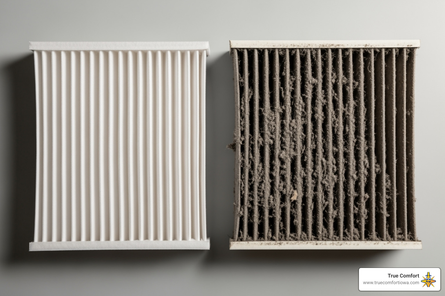 A side-by-side comparison of a clean furnace filter and a heavily soiled, dirty furnace filter - furnace blowing cold air