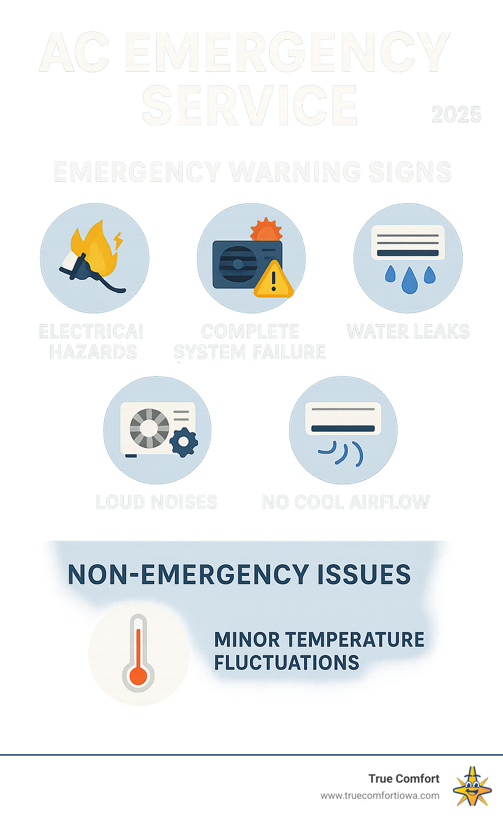 Infographic of AC emergency signs: electrical hazards, system failure, water leaks, loud noises, no airflow.