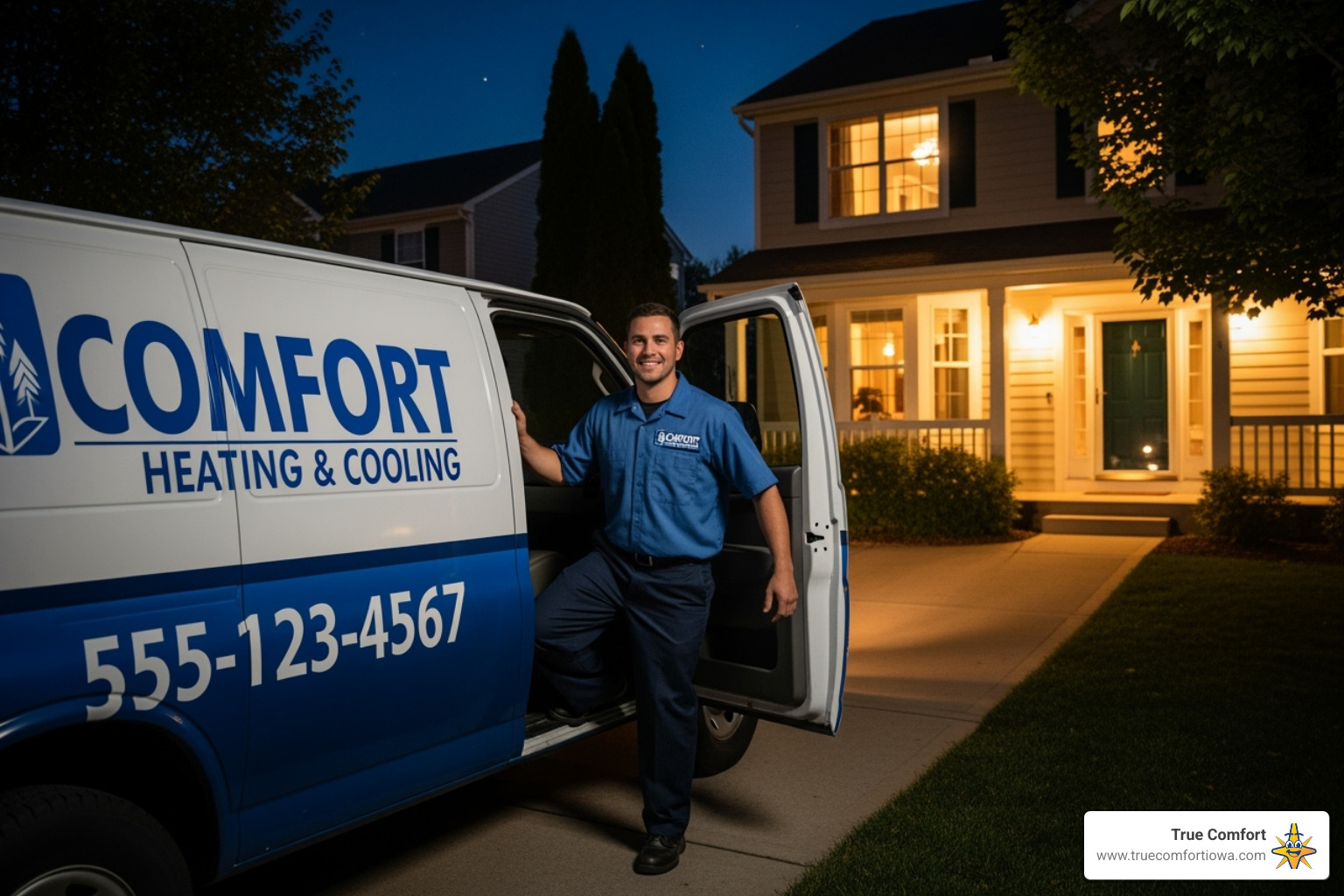 friendly technician in a branded van arriving at a Des Moines home at night - 24 hour furnace repair des moines