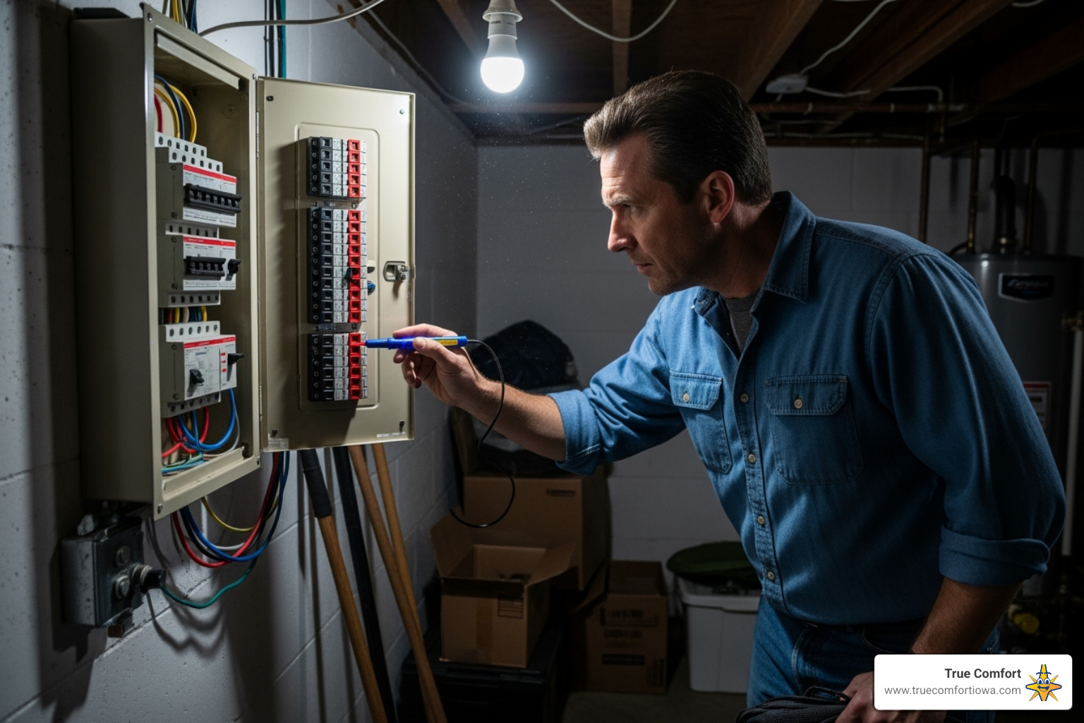 homeowner checking a circuit breaker panel - 24 hour furnace repair des moines