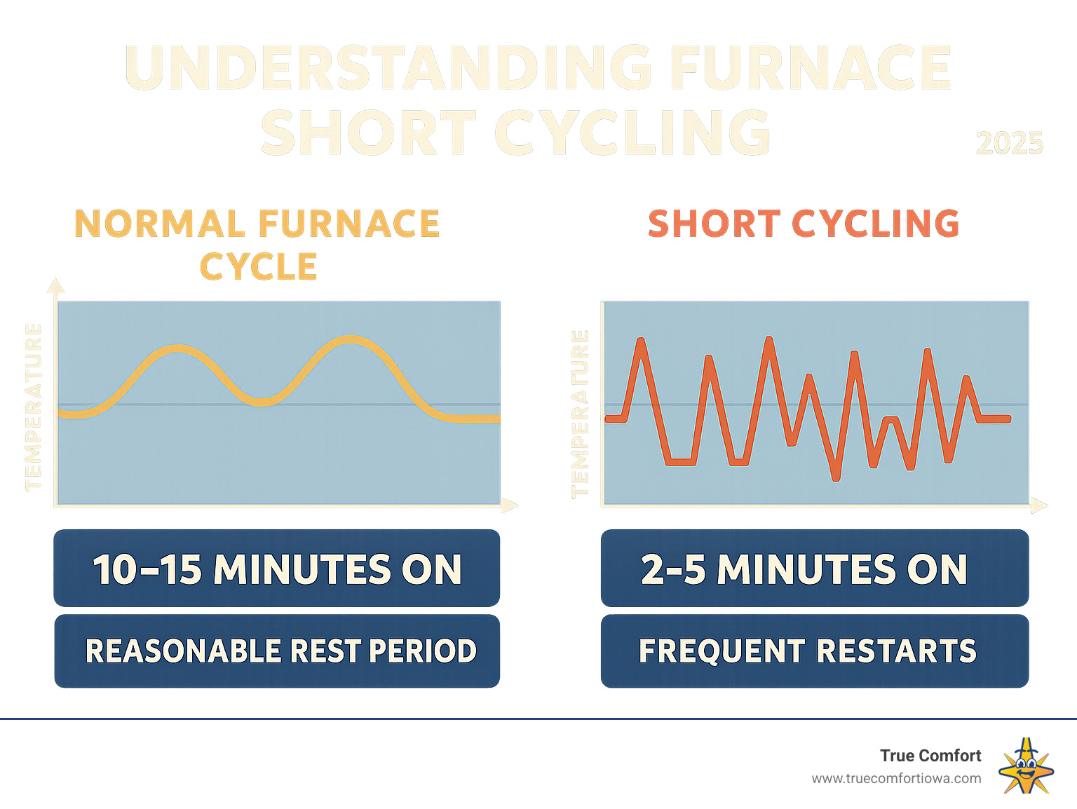 Infographic comparing normal furnace cycle and short cycling with temperature graphs