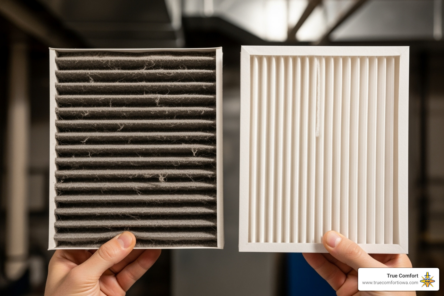 Image of a person holding a dirty air filter next to a clean one - Furnace short cycling