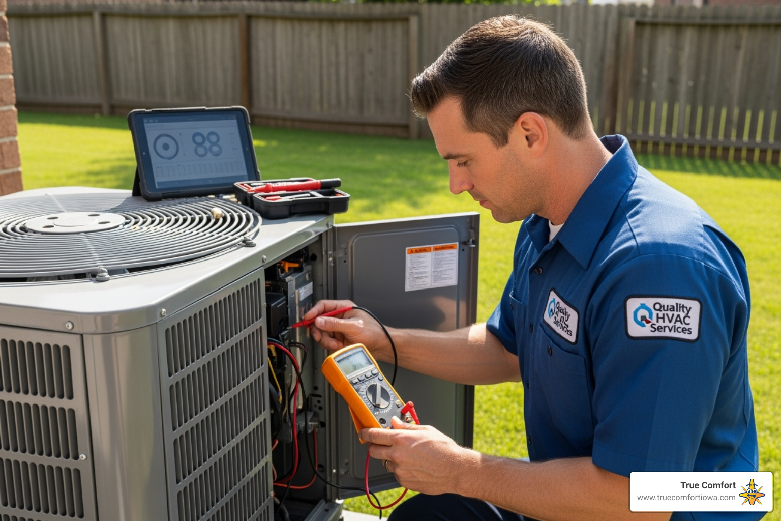 Technician diagnosing AC unit - des moines ac repair