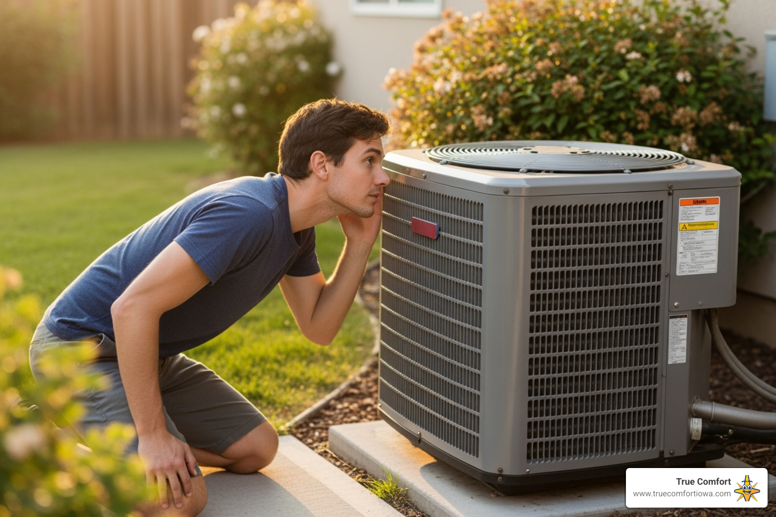 Person listening to AC unit - des moines ac repair