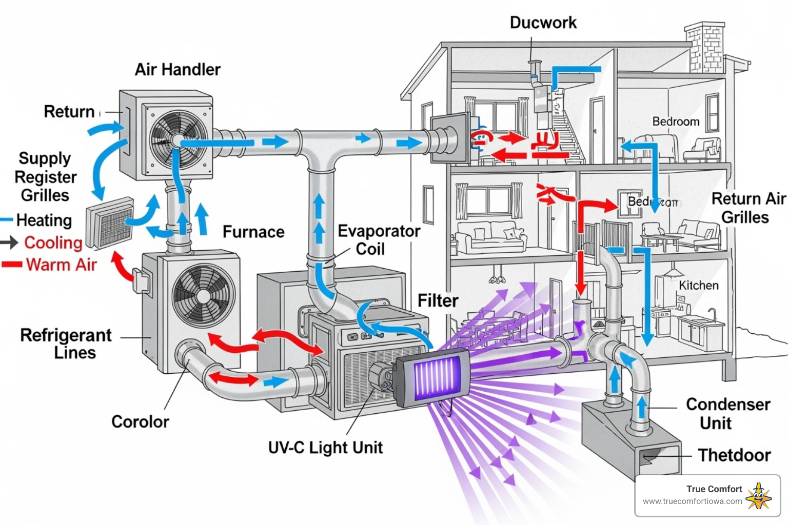 Diagram showing air circulating through an HVAC system with a UV light point - UV light HVAC