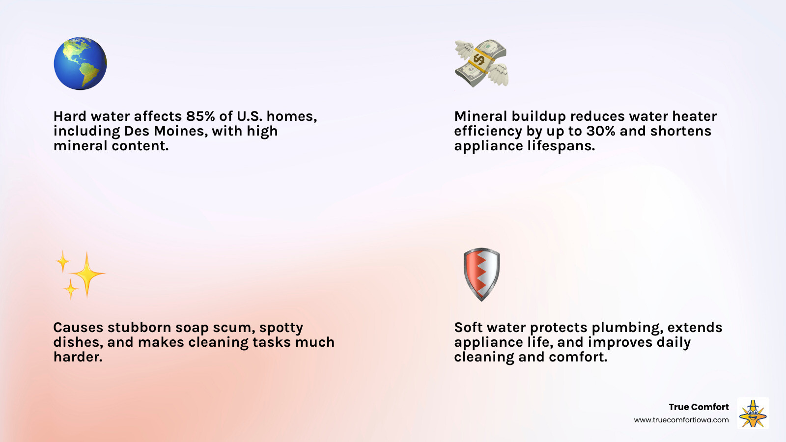 Infographic illustrating hard water issues and soft water benefits for homes in Des Moines.