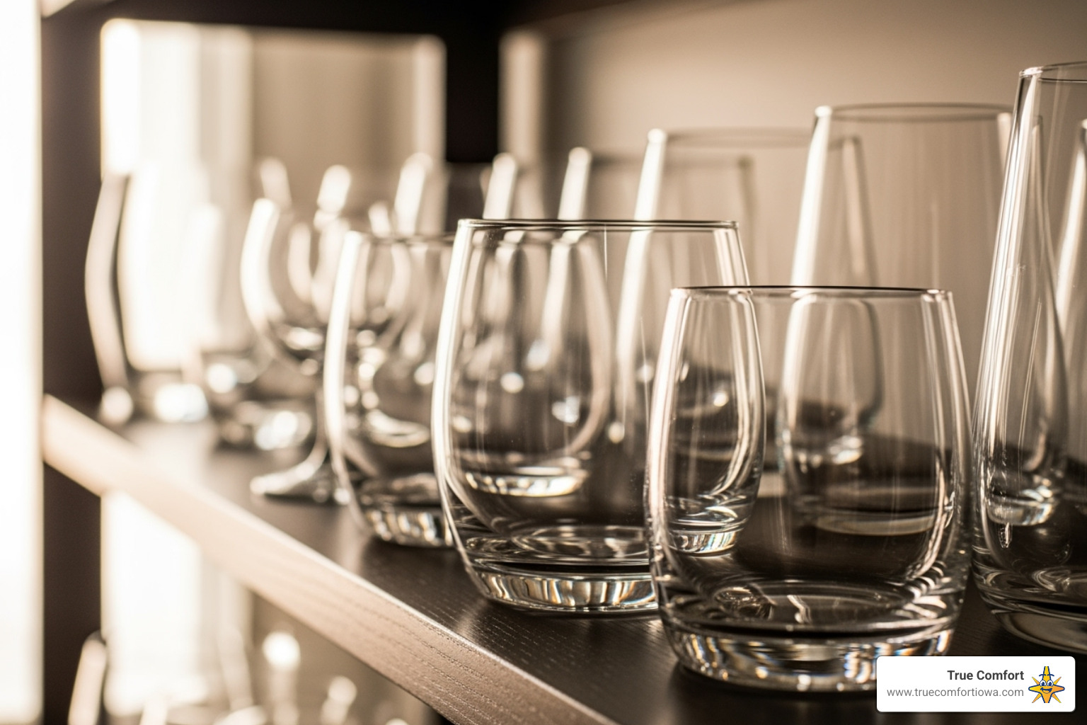 Clear glass tumblers arranged on a dark shelf