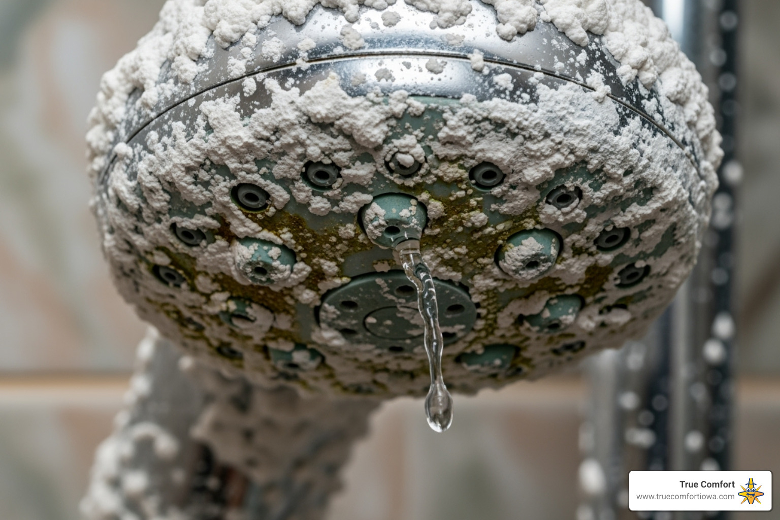 Mineral-encrusted shower head with a single water droplet