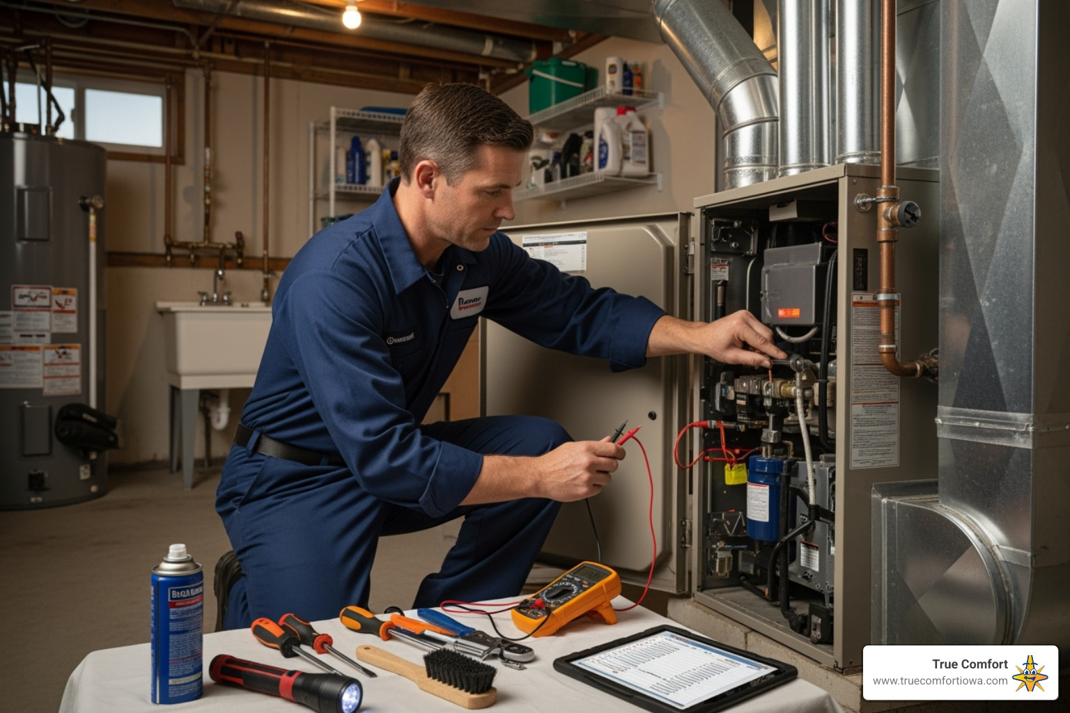 a technician performing a tune-up on a furnace - heating and cooling ankeny