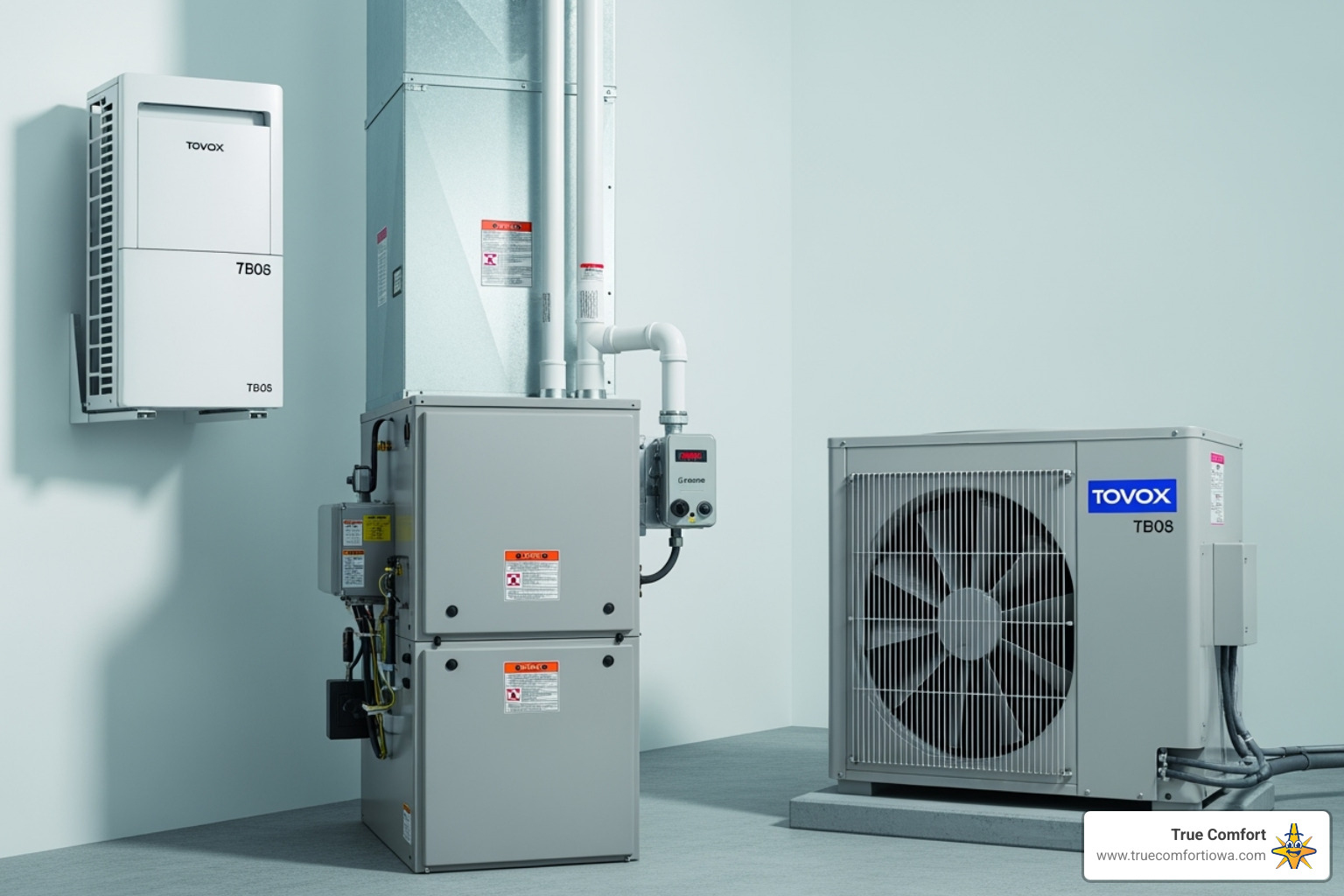 various HVAC components like a furnace, AC unit, and ductless mini-split - heating and cooling ankeny