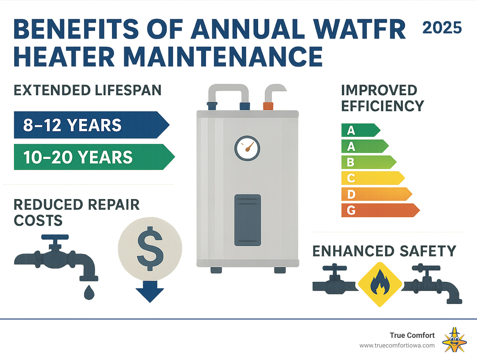 Infographic on annual water heater maintenance benefits: lifespan, efficiency, costs, and safety.