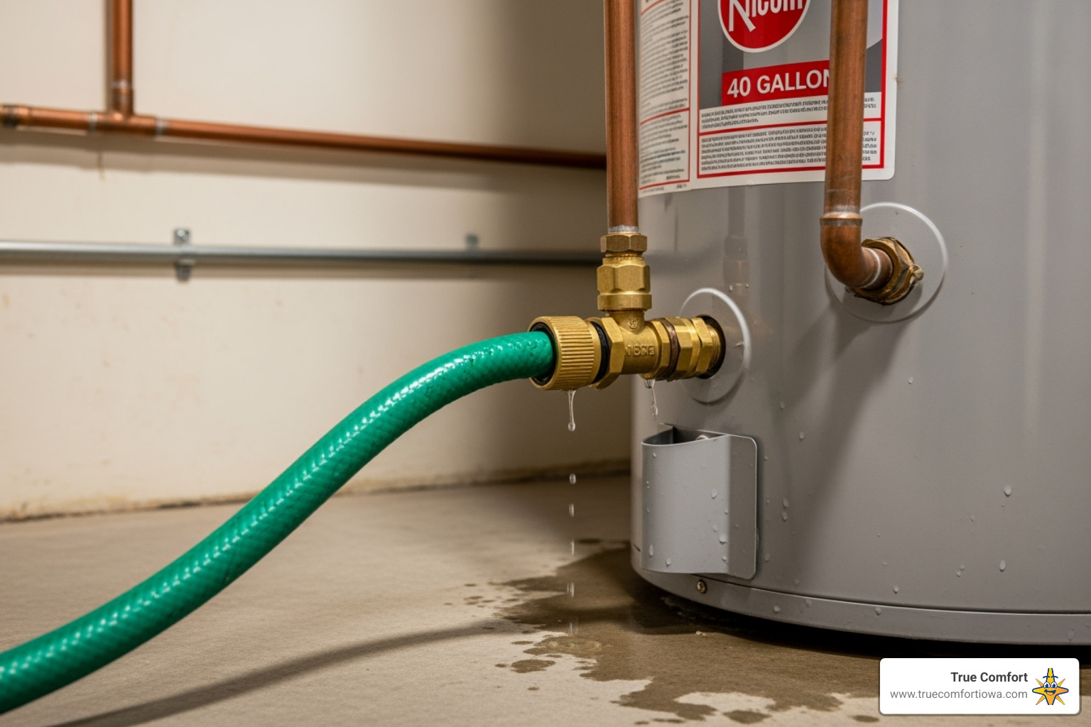 A garden hose connected to a water heater drain valve - water heater annual service