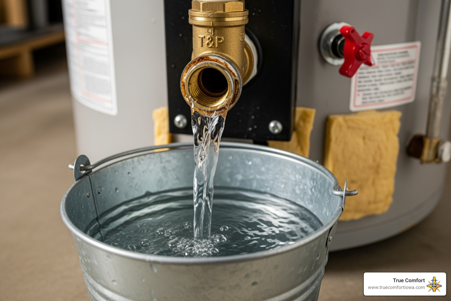 A T&P valve being tested with water discharging into a bucket - water heater annual service
