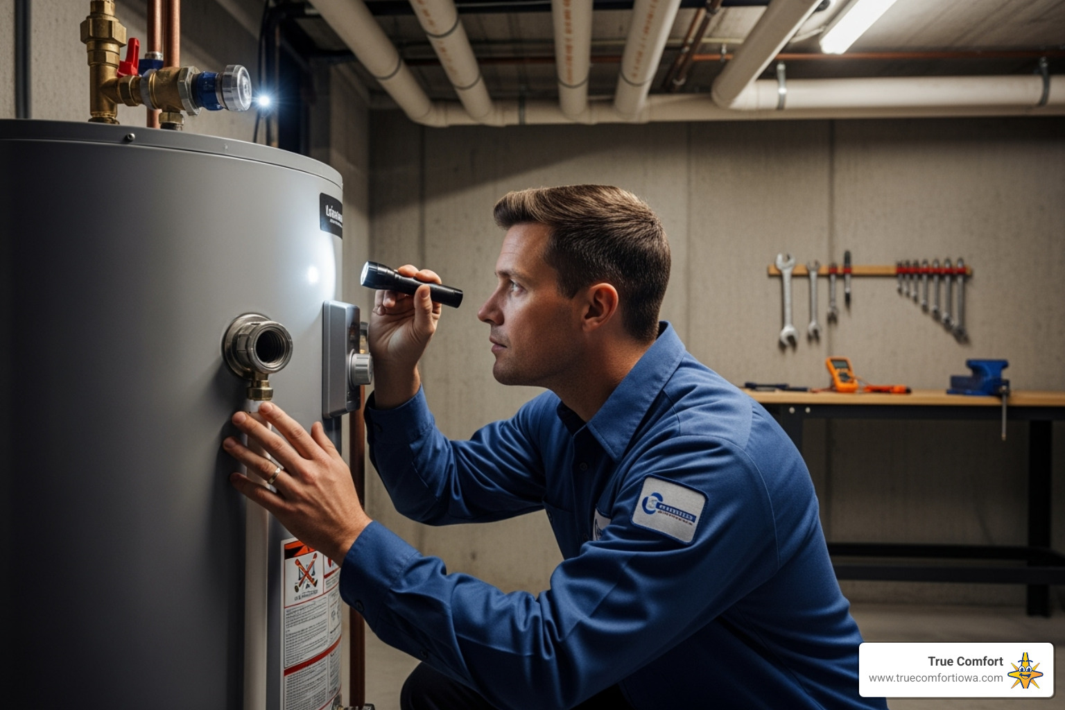 A professional technician inspecting a water heater - water heater annual service