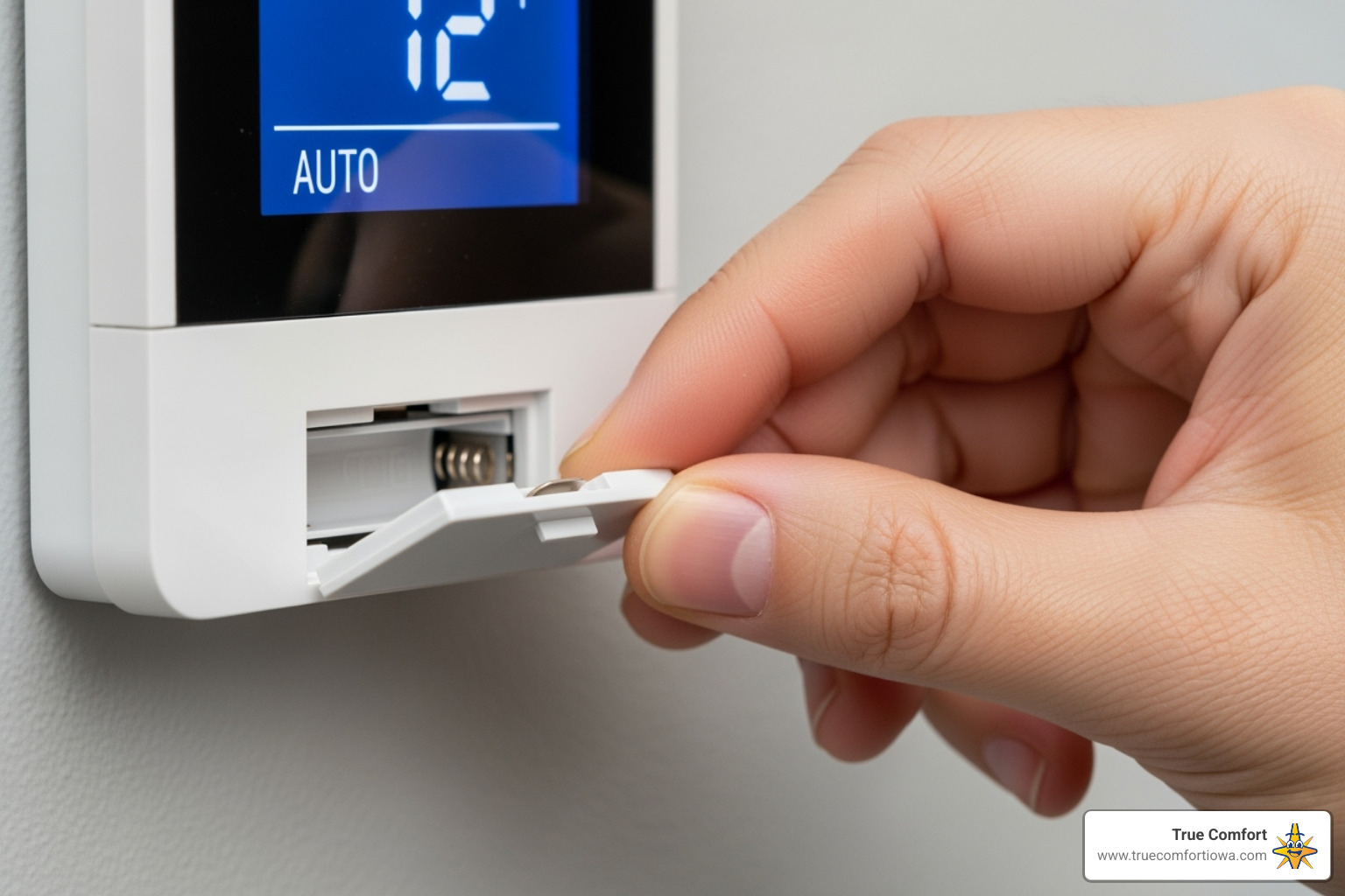 homeowner checking thermostat batteries - Thermostat repair service