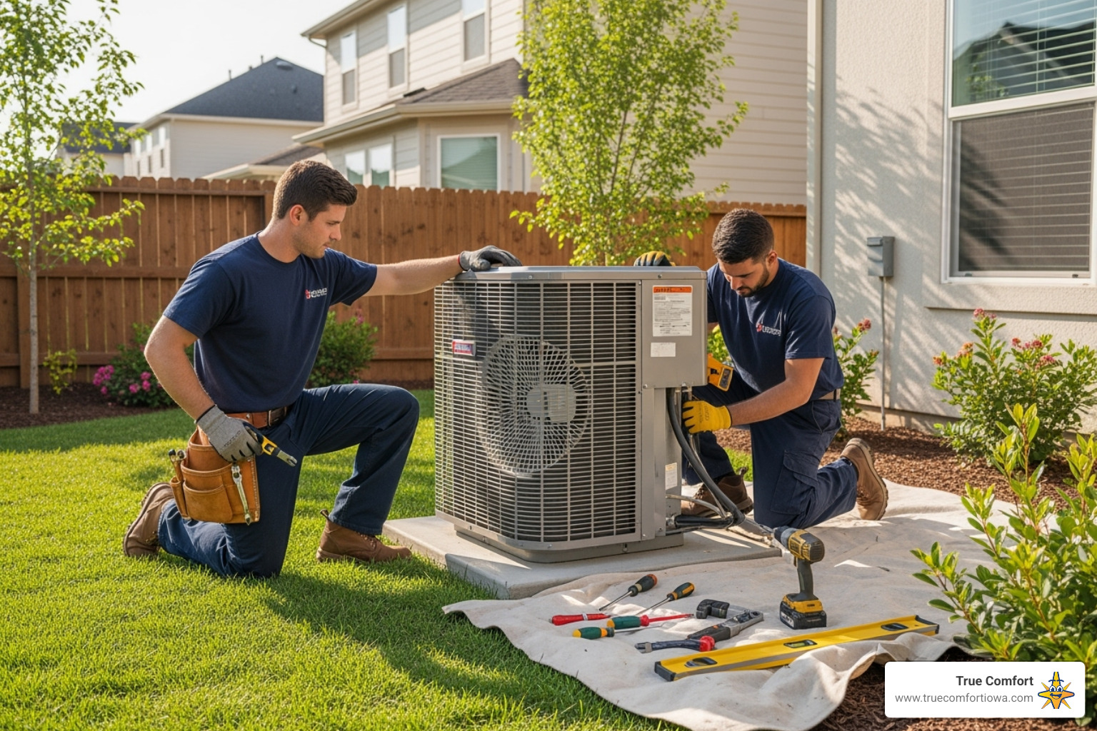 professional technician team installing a new outdoor AC unit - ac replacement des moines