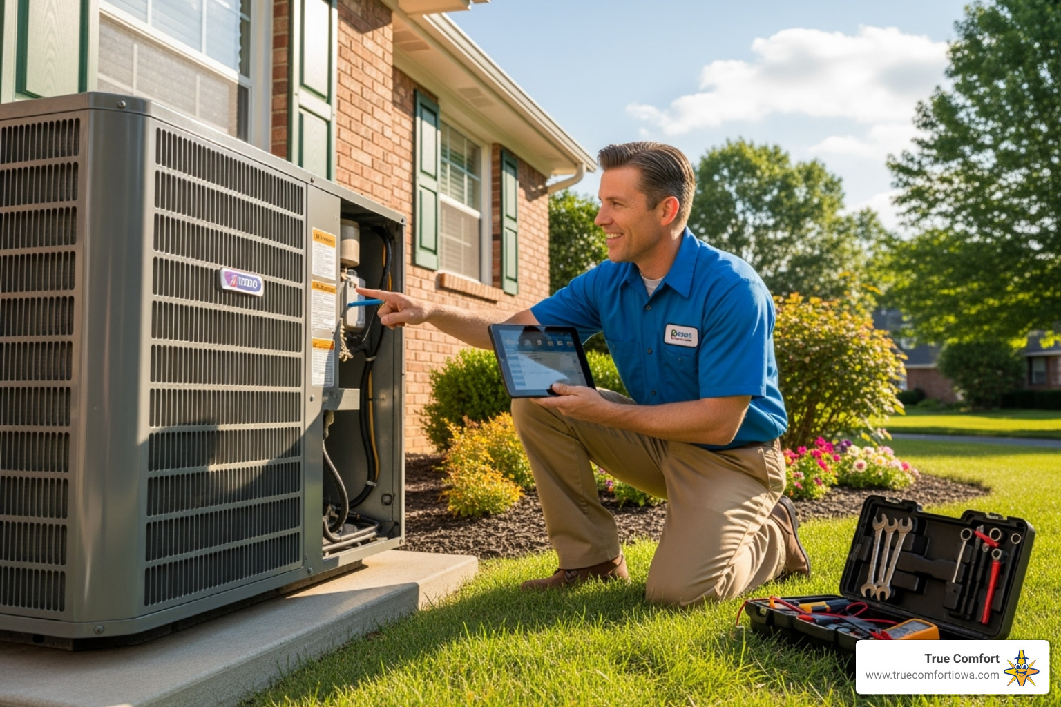 Friendly HVAC technician inspecting an outdoor AC unit - HVAC maintenance plan