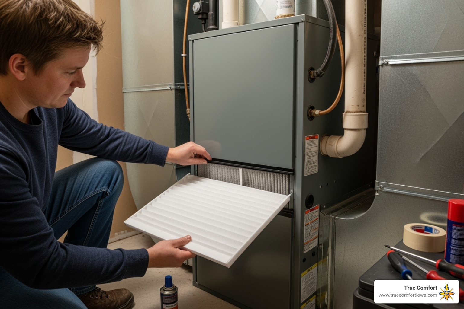 A homeowner changing an air filter - HVAC maintenance plan